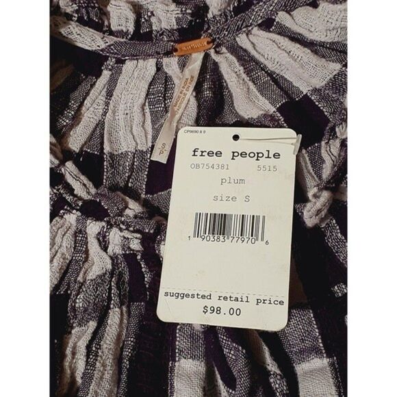 Free People Honey Grove Plaid Purple Plum Long Sleeves Tassel Boho Peasant Top S - Picture 7 of 8